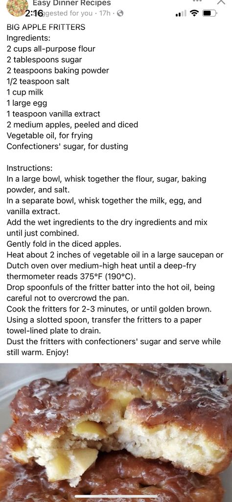 Large Apple Fritters, Diced Apples, Apple Dessert Recipes, Apple Dessert, Apple Fritters, Apple Desserts, Confectioners Sugar, Easy Dinner Recipes, Easy Dinner