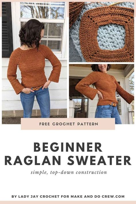 Free Crochet Ladies Sweater Patterns, Easy Raglan Knit Sweater Pattern Free, Crochet Top Down Cardigan, Crochet Raglan Sweater Pattern, Easy Crochet Sweater Pattern Free, Simple Crochet Sweater, Jay Crochet, Crochet Raglan Sweater, Worsted Weight Yarn Patterns