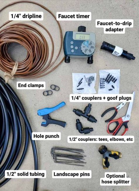 A birds eye view of the supplies needed for the raised bed drip irrigation system. The name of each item has been superimposed onto the image, next to the item. 1/4 inch dripline, faucet time, faucet to drip adapter, end clamps, 1/4 inch couplers and goof plugs, hole punch, 1/2 inch tee and elbow couplers, 1/2 inch drip tubing, landscape pins, and optional hose splitter. Diy Drip Irrigation System Raised Beds, Diy Drip Irrigation System, Raised Bed Irrigation, Raised Garden Beds Irrigation, Wood Garden Beds, Irrigation System Diy, Irrigation Diy, Drip Irrigation Diy, Garden Grid