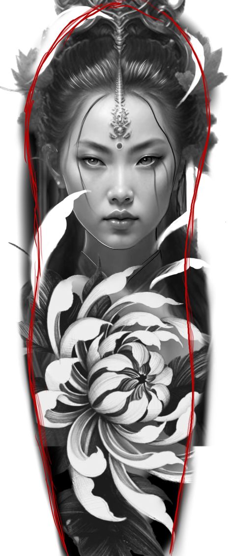 Geisha Tattoo Sleeve, Female Samurai Tattoo, Tato Geisha, Japanese Geisha Tattoo, Geisha Tattoo Design, Japanese Flower Tattoo, Samurai Tattoo Design, Female Samurai, Geisha Tattoo