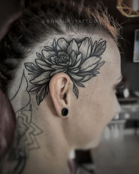 Scalp Tattoos For Women, Small Female Face Tattoo, Side Head Tattoos For Women, Lotus Head Tattoo, Undercut Tattoo Women, Head Tattoos Women Side, Female Head Tattoos, Shaved Head Tattoo, Scalp Tattoo Women