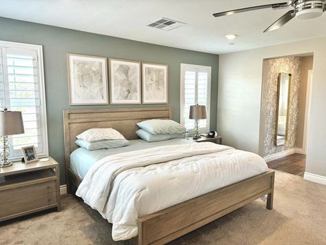 Home Design and Decor | Finally got around to our main bedroom | Facebook Acacia Haze Bedroom, Sw Acacia Haze, Acacia Haze Sherwin Williams, Green Gray Paint, Acacia Haze, Green Grey Paint, Method Homes, House Color Palettes, White Picket Fence