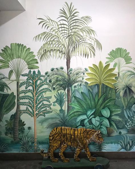 A new home in Jaipur and our pet tiger is coming along! Magnificent hand painted walls in our hallways. #ecru #Jaipur #India #jungle #tiger #homeware #interiors #design #decor #paint #artisan Custom Photo Wallpaper, Garden Mural, Photo Mural, Jungle Wallpaper, Tropical Wallpaper, Forest Wallpaper, Wallpaper Modern, Tree Wallpaper, Tropical Decor