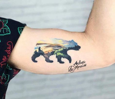 Photo - Bear and Mountain, amazing 3 colors contemporary tattoo artwork done by tattoo artist Andrea Morales | Large Tattoo Photo 26596 | World Tattoo Gallery Berg Tattoo, Traditional Panther Tattoo, Mountain Tattoos, Mountain Tattoo Simple, Bear Tattoo Designs, Triangle Tattoos, Bear Tattoos, Forest Tattoos, Bicep Tattoo