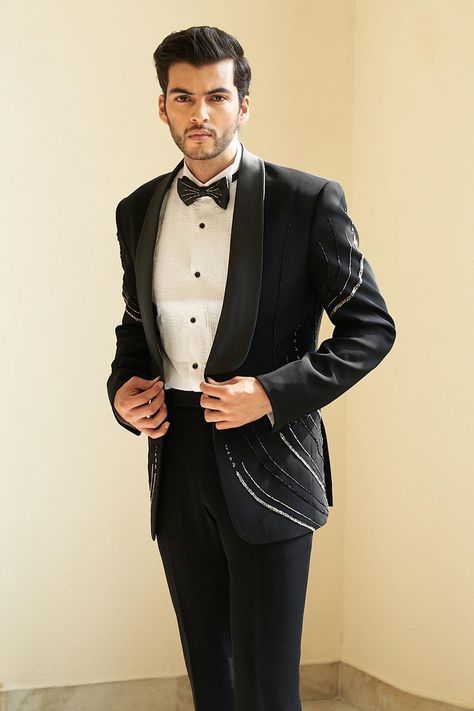 Buy Contrast By Parth Black Italian Suiting Linear Embroidered Tuxedo Pant Set Online | Aza Fashions Designer Tuxedo Men, Designer Tuxedo Men Grooms, Linear Embroidery, Embroidered Tuxedo, Gents Suits, Bow Tie Pants, Designer Tuxedo, Wedding Kurta For Men, Groom Dress Men