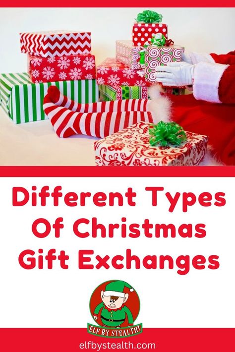 Different types of Christmas gift exchanges - a guide to Christmas gift exchanges by Elf By Stealth. White Elephant Exchange Games, Christmas Gift Exchanges, Holiday Gift Exchange Games, Christmas Party Inspiration, Gift Exchange Game, Christmas Gift Exchange Games, Christmas Gift Games, Holiday Gift Exchange, Gift Exchange Games