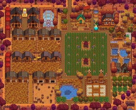 Stardew Valley Efficient Farm Layout, Stardew Valley Efficient Farm, Simple Stardew Valley Farm Layout, Junimo Hut Layout, Small Cabin Layout, Stardew Layout, Stardew Valley Farm Layout, Craft Houses, Stardew Valley Farm