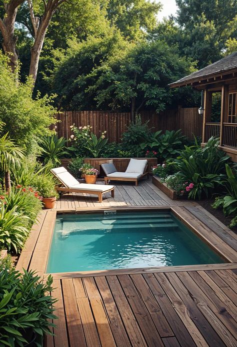 Jacuzzi Pool Small Backyards, Pool And Garden Backyard, Front Pool Ideas, Small Garden Design With Pool, Small Pool In Garden, Tiny Backyard Pool, Poolside Garden Ideas, Small Swimming Pools Backyard, Pool In Deck