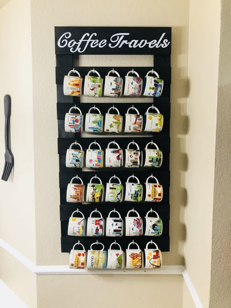 Starbucks “You Are Here” mug collection wall display. Made it myself for less than $60. Nailed it!! Starbucks You Are Here Mugs Display, Displaying Starbucks Mugs, Mug Collection Display Ideas, Starbucks Mugs Display, Starbucks Mug Display Ideas, Starbucks Cup Organization, Display Coffee Mugs, Mug Collection Display, Coffee Cup Rack