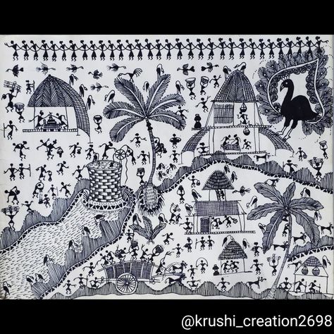 Village scene warli art Warli Village Scene, Warli Art Village Scene, Warli Paintings, Worli Painting, Warli Painting, Warli Art, Art Village, Village Scene, Amazing Art Painting