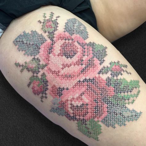 ✨Ashleigh MacIsaac-Brunco✨ on Instagram: “This is probably the biggest cross stitch piece I’ve ever done. Thank you so much for your trust, and for coming to see me, Charlotte! ✨…” Cross Stitch Flower Tattoo, Cross Stitch Tattoo Ideas, Cross Stitch Tattoos, Stitched Tattoo, Big Cross Stitch, Stitch Tattoo Ideas, Cross Stitch Tattoo, Tattoo Embroidery, Random Tattoos