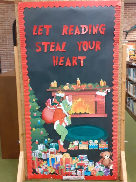 Christmas Reading Bulletin Board Ideas, Grinch Library Bulletin Boards, Christmas Library Door Ideas, Grinch Library Display, Christmas Library Decor, Christmas Library Displays, Grinch Bulletin Board Ideas, Grinch Bulletin Board, Christmas Library Bulletin Boards