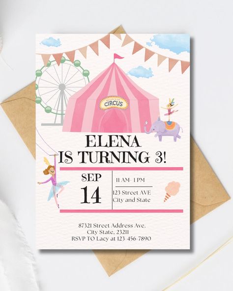 🎪✨ Just finished creating this adorable circus-themed birthday invitation for my daughter’s 3rd birthday! I love the whimsical, classic design with chic watercolor elements. It’s perfect for any little one’s special day. 🎨👧💖 Check out my bio for more details! 💌 #CircusTheme #BirthdayInvitation #WhimsicalDesign #WatercolorArt #ChicInvitations #EtsySeller #PartyPlanning #KidsBirthdayParty #HandmadeInvitations #CircusBirthday #MomLife #EtsyShop #CustomInvitations #BirthdayPartyIdeas #Stationer... Circus Elements, Whimsical Circus, Pink Circus, Pink Tent, Handmade Invitations, Circus Birthday, Circus Theme, Birthday Invitation Template, Circus Party