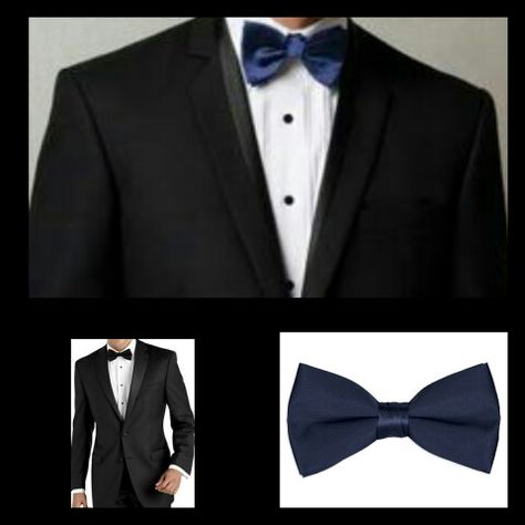 Black Suit Blue Tie Prom, Black Suit With Blue Bow Tie, Black Tux Blue Bow Tie, Navy Blue Bow Tie, Navy Bow Tie, Bow Tie Suit, Black Tie Attire, Dress Code Wedding, Corsage Prom