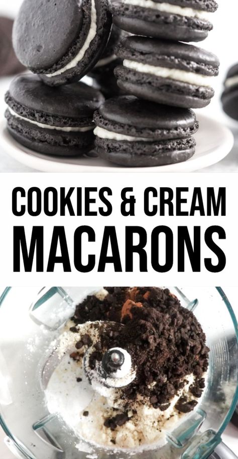 Cookies and Cream Macarons Oreo Macaron, Cream Macarons, Cocoa Powder Recipes, Oreo Filling, Macaron Flavors, Macaron Cookies, Macaron Recipe, Delicious Cookie Recipes, Bakery Recipes