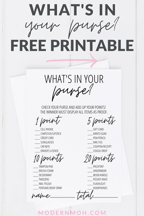 FREE What\'s In Your Purse? bridal shower game printable including detailed instructions on how to play and extra tips for playing! #whatsinyourpursegame #whatsinyourpursegameprintablefree #ModernMaidofHonor ModernMOH Purse Game Bridal Shower Printable, What’s In Your Purse Bridal Shower Game, What Is In Your Purse Game, Whats In My Purse Game, Purse Scavenger Hunt Printable Free, What’s Inside Your Purse, Bridal Shower Purse Game, What’s In Your Bag Game, Whats In My Purse Game Free Printable