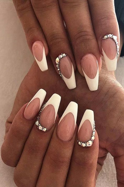 French Tip Nails With Rhinestones, Polka Nails, Wedding Gel Nails, Black Wedding Nails, Wedding Toe Nails, Nail Options, Wedding Toes, Nails With Rhinestones, White Tip Nails