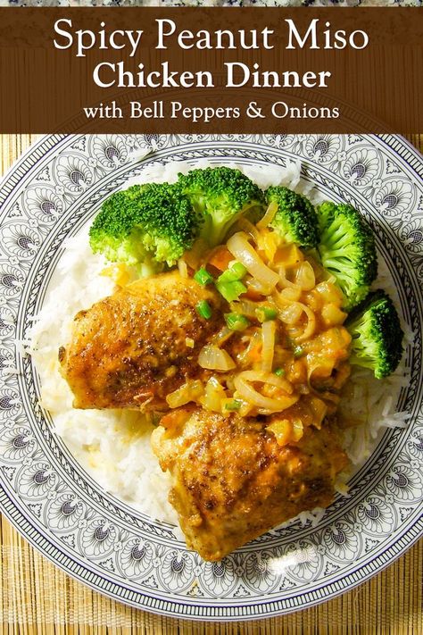 Spicy Peanut Miso Chicken with Bell Peppers and Onions - a dairy-free, gluten-free, flavorful, and frugal recipe for dinner! Peanut Miso Chicken, Miso Chicken Recipe, Chicken With Bell Peppers, Chicken Recipes Dairy Free, Miso Recipes, Miso Recipe, Miso Chicken, Chicken And Butternut Squash, Recipe For Dinner