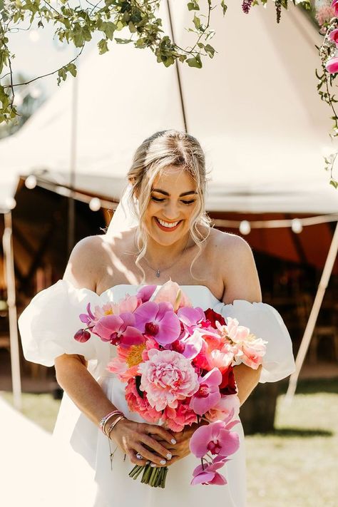 #wedding flowers Floral Wedding Dress With Bouquet, Bright Orchid Bouquet, Bright Bride Bouquet, Peony And Orchid Wedding Bouquet, Florida Wedding Bouquet, Bright Bridal Flowers, Bright Pink Bridal Bouquet, Wedding Flower Orchid, Elegant Wedding Vibes