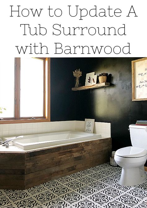 An outdated, oak-paneled tub got a major makeover using barnwood. Learn how to update a tub surround using barnwood! Tub Skirt Ideas, Wood Tub Surround, Tub Skirt, Tub Surround Ideas, Wood Tub, Tub Remodel, Lavender Laundry, Bathtub Surround, Diy Bathtub