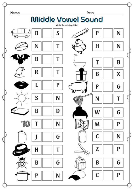 Practice identifying and writing the missing middle sounds with this helpful worksheet! Sharpen your phonics skills and boost your literacy development today. #PhonicsPractice #LiteracySkills #ElementaryEducation #missingmiddlesound Middle Vowel Sounds Worksheets, Short Vowel Sounds Worksheets, Teaching Aesthetic, Vowels Worksheet, Middle Sounds Worksheet, Sentence Formation, Short Vowel Worksheets, Thai Alphabet, Sentence Construction