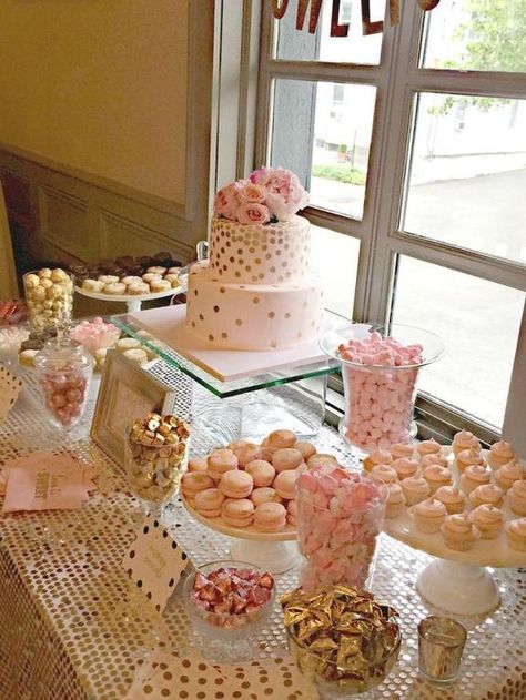 Fiesta Shower, Bubbly Bar, Shower Desserts, Gold Bridal Showers, Bridal Shower Cake, Pink Bridal Shower, Shower Food, Candy Table, Pink Bridal