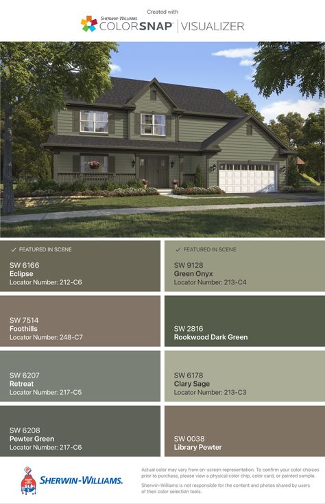 Sw Retreat Exterior, Sw Retreat, Green Exterior House Colors, Green House Exterior, Green Siding, Outside House Colors, House Tweaking, Paint Pallet, House Paint Color Combination