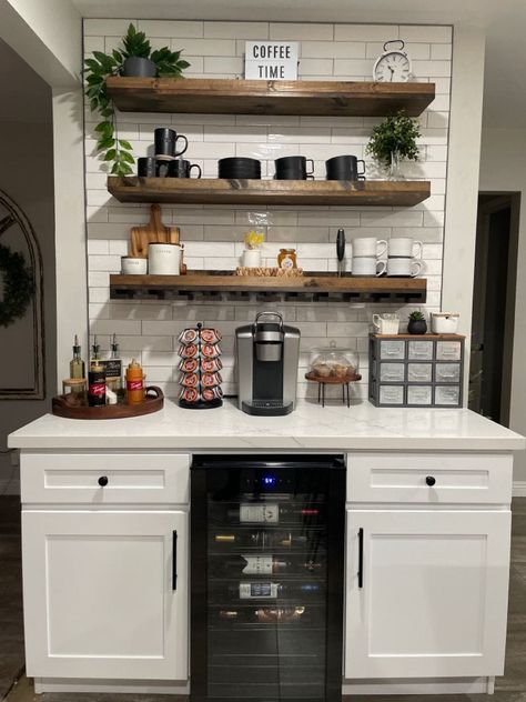 Coffee Nook With Floating Shelves, Coffee Bar Modern Farmhouse, Coffee Drink Bar In Kitchen, Coffee And Alcohol Bar, Coffee And Drink Bar, Coffee Bar With Shelves, Beverage Nook, Modern Coffee Station, Coffee And Wine Bar Ideas