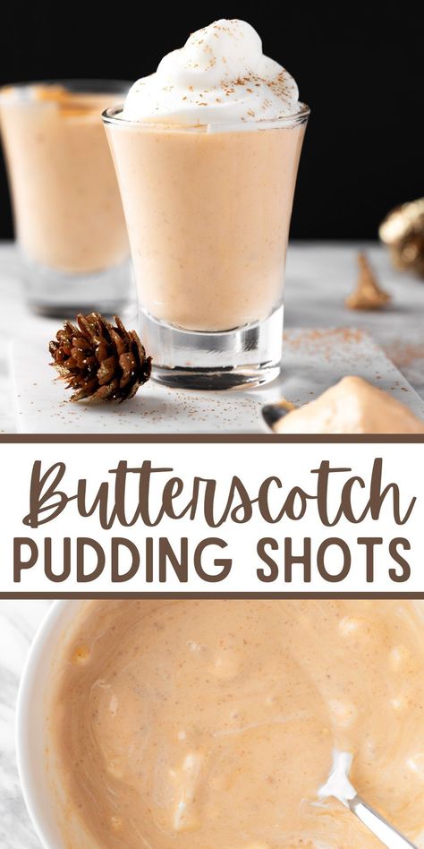 These Butterscotch Pudding Shots are a fun recipe to make for a party. They are simple to make with any type of alcohol you like, such as whipped cream vodka, RumChata, Fireball or butterscotch schnapps. Butterscotch Pudding Shots Alcoholic, Butterscotch Jello Shots, Pudding Shots Butterscotch, Bourbon Pudding Shots, Butterscotch Shots Recipe, Fireball Pudding Shots, Butterscotch Shots, Pudding Shots Alcoholic Easy, Butterscotch Drinks