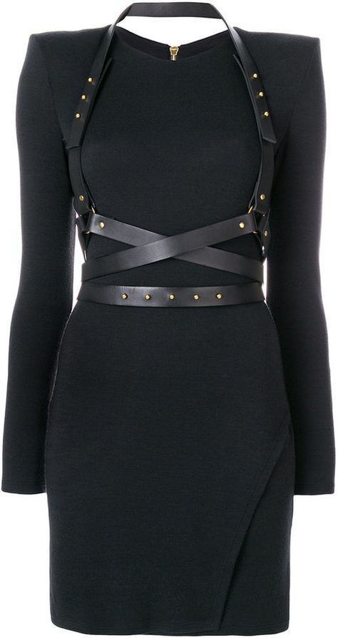 Balmain leather harness dress Harness On Dress, Harness Outfit Dress, Dress With Harness Outfit, Harness Dress Outfit, Harness Outfit Casual, Harness Outfits, Leather Harness Outfit, Goth Harness, Fashion Harness