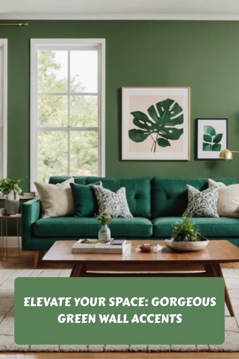 Stylish living room with a green sofa, tropical leaf art, and green walls. Green Wood Accent Wall, Living Room Pop, Designing A Living Room, Green Accent Wall, Bold Paint Colors, Green Accent Walls, Accent Wall Ideas, Accent Wall Colors, Statement Furniture