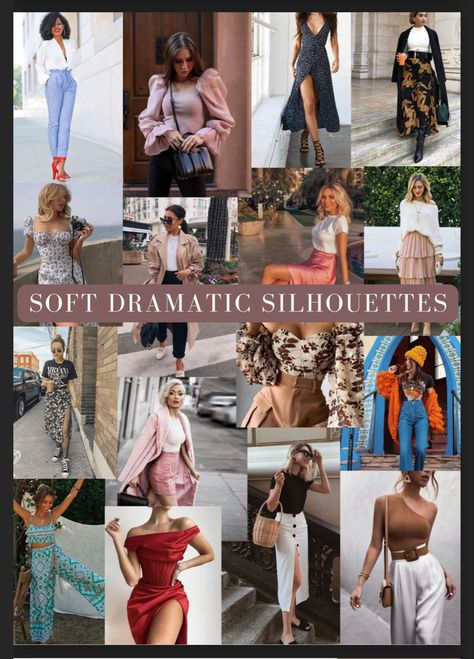 Outfits For Soft Dramatic, Soft Dramatic With Angelic Essence, Soft Dramatic Style Guide, Soft Dramatic Edgy Outfits, Soft Dramatic Workwear, Kibbe Soft Dramatic Summer Outfits, Soft Dramatic Athleisure, T Silhouette Fashion, Soft Dramatic Accessories