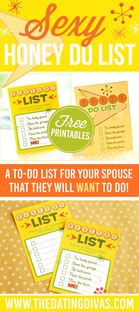 A to-do list for your spouse that they will WANT to do! This sexy and suggestive love note is perfect for my spouse! www.TheDatingDivas.com Date Night Ideas For Married Couples, Romantic Nights, Romantic Games, Date Night Recipes, Honey Do, Honey Do List, Mom Planner, The Dating Divas, Bedroom Games