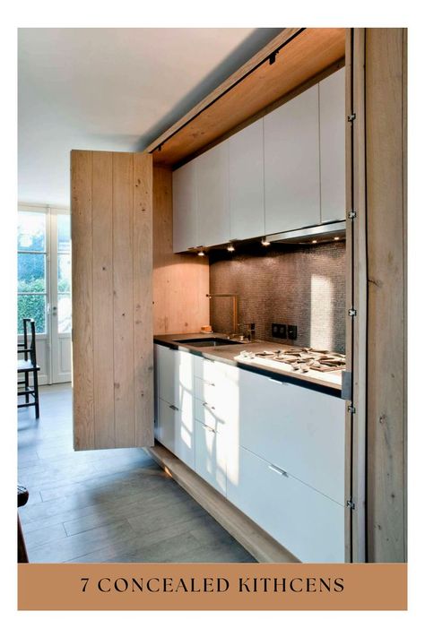 Concealed kitchen with light wood Concealed Kitchen, Accordion Doors, Modern Minimalist Kitchen, Hidden Kitchen, Minimal Kitchen, Extractor Hood, Minimalist Kitchen Design, Long Walls, Mini Kitchen