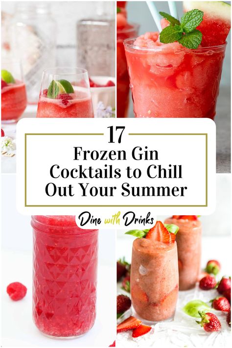 Collage of 4 frozen gin cocktails. Frozen Gin And Tonic, Frozen Gin Cocktails, Gin Slush Recipe, Gin Mixed Drinks, Gin Cocktails Summer, Frozen Summer Cocktails, Summer Gin Cocktails, Frosé Recipe, Pink Gin Cocktails