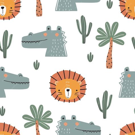 Premium Vector | Seamless pattern with a cute lion cub crocodile palm trees and cacti on a white background vector Zebra Cactus, Boys Prints, Kids Graphics, Boys Pattern, Lion Design, Cute Lion, Print Design Pattern, Lion Cub, Kids Fabric