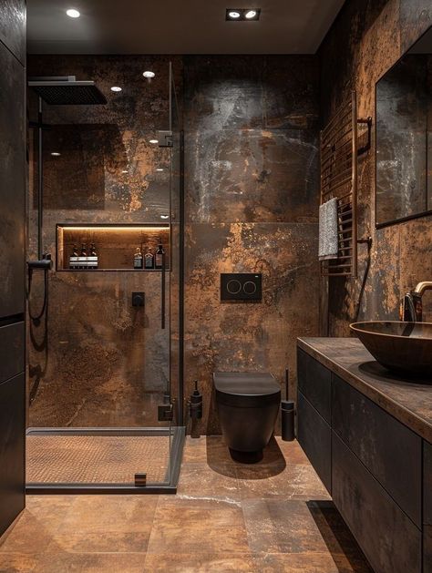 Small Bathroom And Toilet Design, Old Home Style, Bathroom Vanity Fancy, Bathroom Wood And Black, Black House Theme, Textured Wall Bathroom, Bathroom Italian Style, Old Style Homes Interior Design, Small Toilet And Bathroom Design