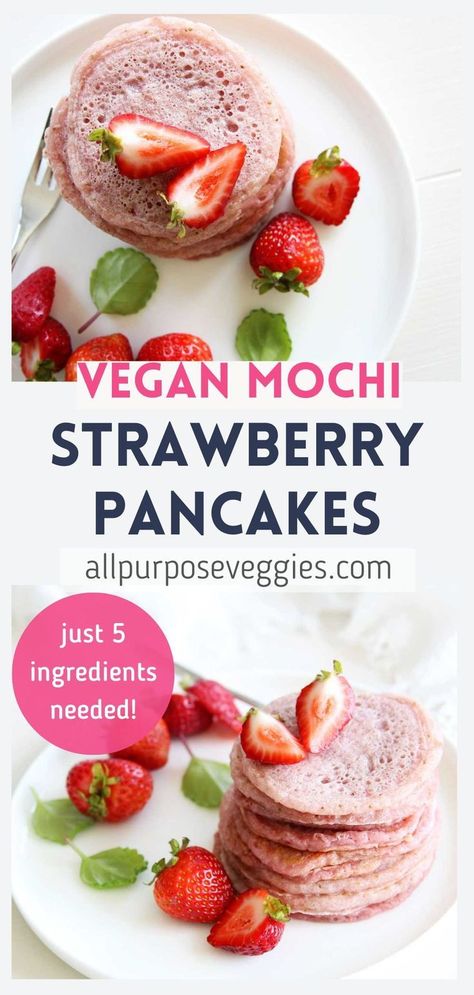 These strawberry mochi pancakes are a wonderful breakfast menu for the whole family. They use fresh strawberry puree and sweet rice flour as the main base and do not require any eggs. They’re healthy, quick, and easy to make. Plus, they also look lovely and gorgeous pink. This is the perfect summer breakfast! #strawberrymochi #mochipancakes #strawberrypancakes #mochi #veganpancakes #glutenfreepancakes Griddle Scones, Mochi Pancakes, Sweet Rice Flour, Homemade Breakfast Recipes, Strawberry Mochi, Strawberry Pancakes, Sweet Rice, Pancake Recipes, Summer Breakfast