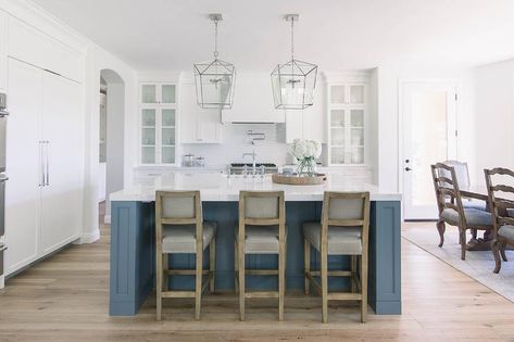 Blue Kitchen Island Painted Britannia Blue - Transitional - Kitchen - Benjamin Moore Britannia Blue Polaris Blue, Blue Benjamin Moore, Textured Subway Tile, Blue Kitchen Island, Island Stools, French Oak Flooring, Kitchen Island Ideas, Before After, Leather Counter Stools