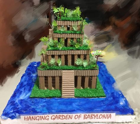 Made of cardboard Semiramida Garden, Diy Hanging Gardens Of Babylon, Hanging Gardens Of Babylon Craft, Ziggurat Project Ideas, Hanging Gardens Of Babylon Project, Ancient Mesopotamia Projects, Hanging Garden Of Babylon, Diy Hanging Garden, Mesopotamia Projects