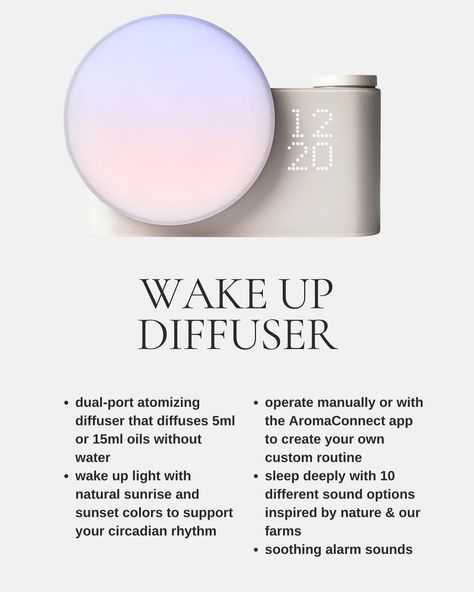 YL New product!! 🌱✨ WAKE UP LIGHT DIFFUSER ✨ Make the shift to a better rest routine with the Wake-Up Light Diffuser. Wake up refreshed, relaxed, and ready to embrace the day ahead, then drift peacefully to a restorative night’s rest with this app-enabled, 4-in-1 smart diffuser. Designed to support your healthy sleep habits and wellness journey, this diffuser seamlessly integrates aromatherapy, dawn-dusk light, sound therapy, and alarm clock functionalities, so you can start and end your... Rest Routine, Light Diffuser, Sleep Habits, Wake Up Refreshed, Healthy Sleep Habits, Sound Therapy, Dawn And Dusk, The Shift, Wellness Journey