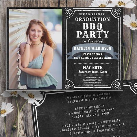 Grad Congratulations, Graduation Bbq Party, Collage Invitation, Graduation Bbq, Graduation Chalkboard, Bbq Party Invitations, Rustic Chalkboard, College Names, Bbq Invitation