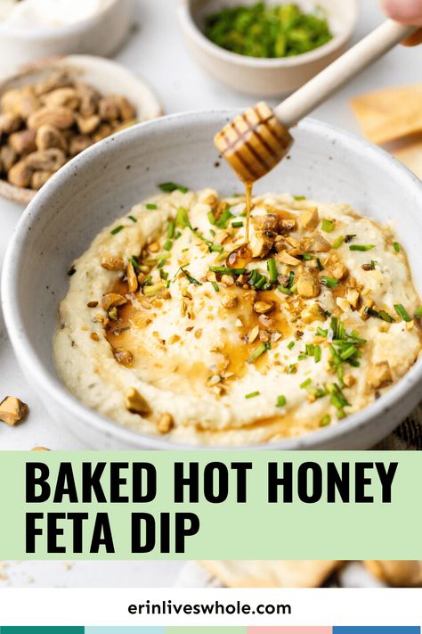 Dive into a blend of savory and sweet flavors with this incredible Baked Hot Honey Feta Dip recipe. Made with feta, cream cheese, hot honey, pistachios, and chives, it's perfect for game day or enjoying as a flavorful appetizer! Honey Feta Dip, Honey Feta, Cauliflower Dip, Filling Snacks, Feta Dip, Cream Cheese Dips, Baking With Honey, Spicy Honey, Hot Honey