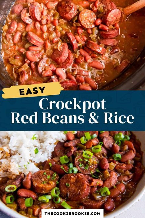 Crockpot Red Beans and Rice is a classic Creole dish that serves up savory Andouille sausage mixed with fluffy rice and a host of herbs and spices. Easy comfort food at its best! Crockpot Red Beans And Rice Recipe, Sausage Beans And Rice, Crockpot Red Beans And Rice, Crockpot Red Beans, Red Beans And Rice Recipe Crockpot, Red Beans And Rice Recipe Easy, Sausage Beans, Slow Cooker Red Beans, Red Beans And Rice Recipe