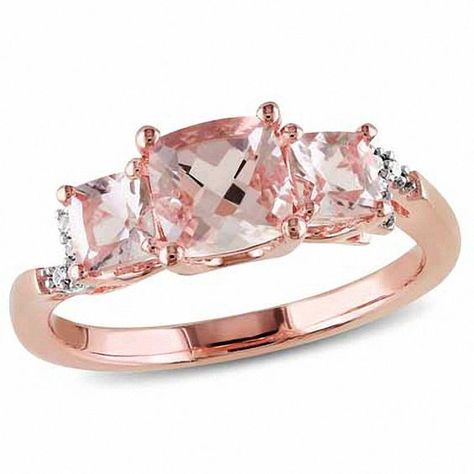 6.0mm Cushion-Cut Morganite and Diamond Accent Three Stone Ring in Rose Rhodium Sterling Silver Antique Emerald Engagement Ring, Morganite Diamond Engagement Ring, Yellow Engagement Rings, Diamond Wedding Rings Sets, Morganite Diamond, Diamond Fashion Rings, 3 Stone Rings, Three Stone Ring, Morganite Ring