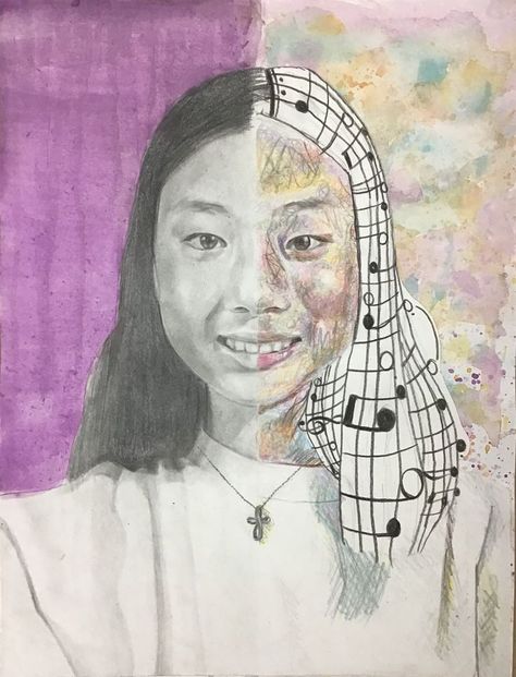 Dual Portrait Idendity by Jane L. 8th grade BCS, 9x12 mixed media. This project was a study on realistic portraits so students could learn how to draw themselves using shading and understanding proportions of the face while showing us another part of their personality or identity we don't see. Jane wanted to express the artistic and religious side of her idenity by the musical notes and cross necklace. Proportions Of The Face, Self Portrait Drawing, Self Portrait Art, Sheet Music Art, Person Drawing, Musical Notes, Human Condition, Learn How To Draw, 8th Grade