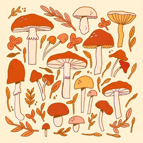 Digital drawing of loads of different mushrooms and leaves scattered across the page. They're coloured in in bright reds, yellows and soft whites. Mushroom Artwork, Fungi Illustration, Mushroom Designs, Poster Square, Forest Book, In My Element, Fall Drawings, Reel Ideas, Mushroom Drawing