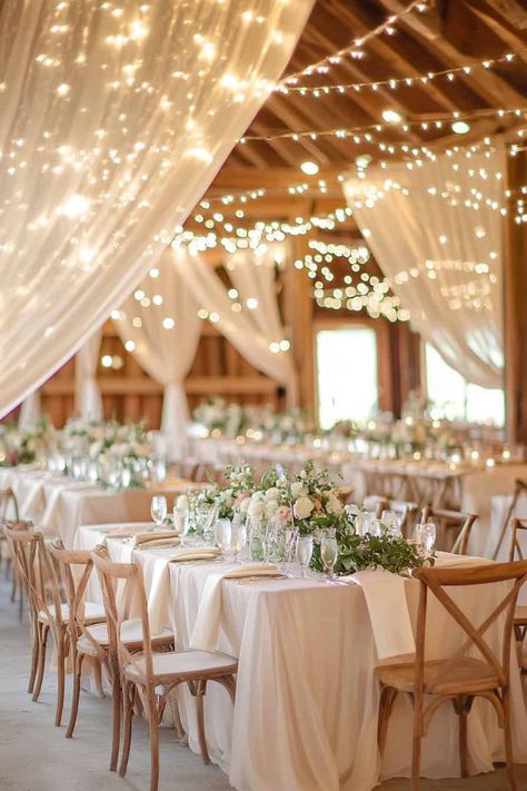 35 Beautiful Barn Wedding Themes & Ideas • Romantic Garden Wedding Centerpieces, Outdoor Farmhouse Wedding Ideas, Farm Glam Wedding, Rustic Glamour Wedding, Summer Wedding Venue Ideas, Simple Southern Wedding Ideas, Wedding Ideas Greenery, Medium Size Wedding Reception, Red Barn Wedding Colors