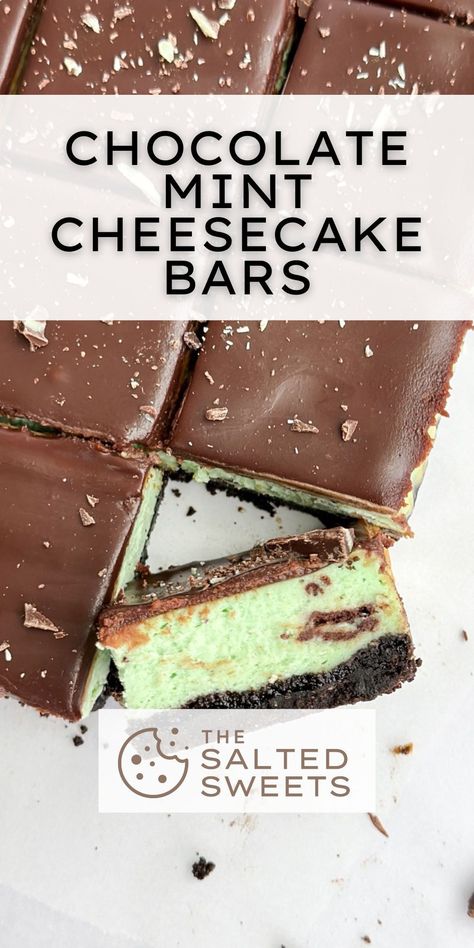 These chocolate mint cheesecake bars have an oreo cookie crust, a creamy mint cheesecake filling with little bits of andes mints and a chocolate mint ganache topping. They're the perfect treat for all the mint chip lovers! Andes Mint Cheesecake Recipes, Mint Chocolate Chip Desserts, Mint Oreo Dessert, Mint Oreo Bark, Chocolate Mint Pie, Grasshopper Cheesecake, Andes Mint Cheesecake, Mint Oreo Cheesecake, Chocolate Mint Cheesecake