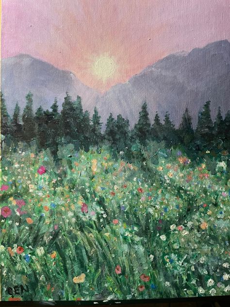 Wildflower Field Painting Easy, Flower Field Painting Watercolors, Flowers In Field Painting, Impressionist Flower Field, Field Drawing Easy, Flower Fields Drawing, Watercolour Flower Field, Flowers And Grass Painting, How To Draw A Flower Field